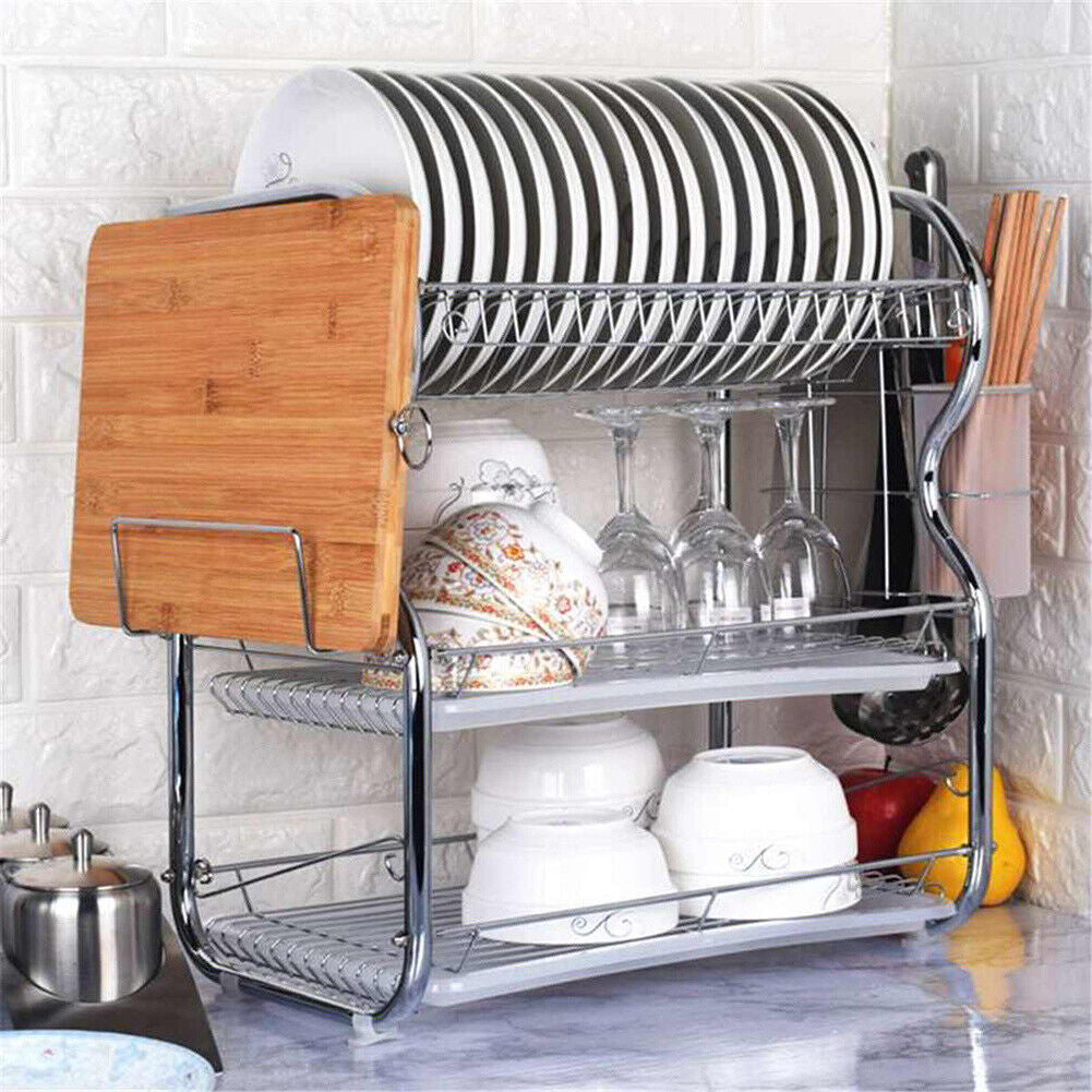 3 Tier Dish Drainer Rack with Drip Tray Kitchen Drying Rack Bowl Plate Holder UK